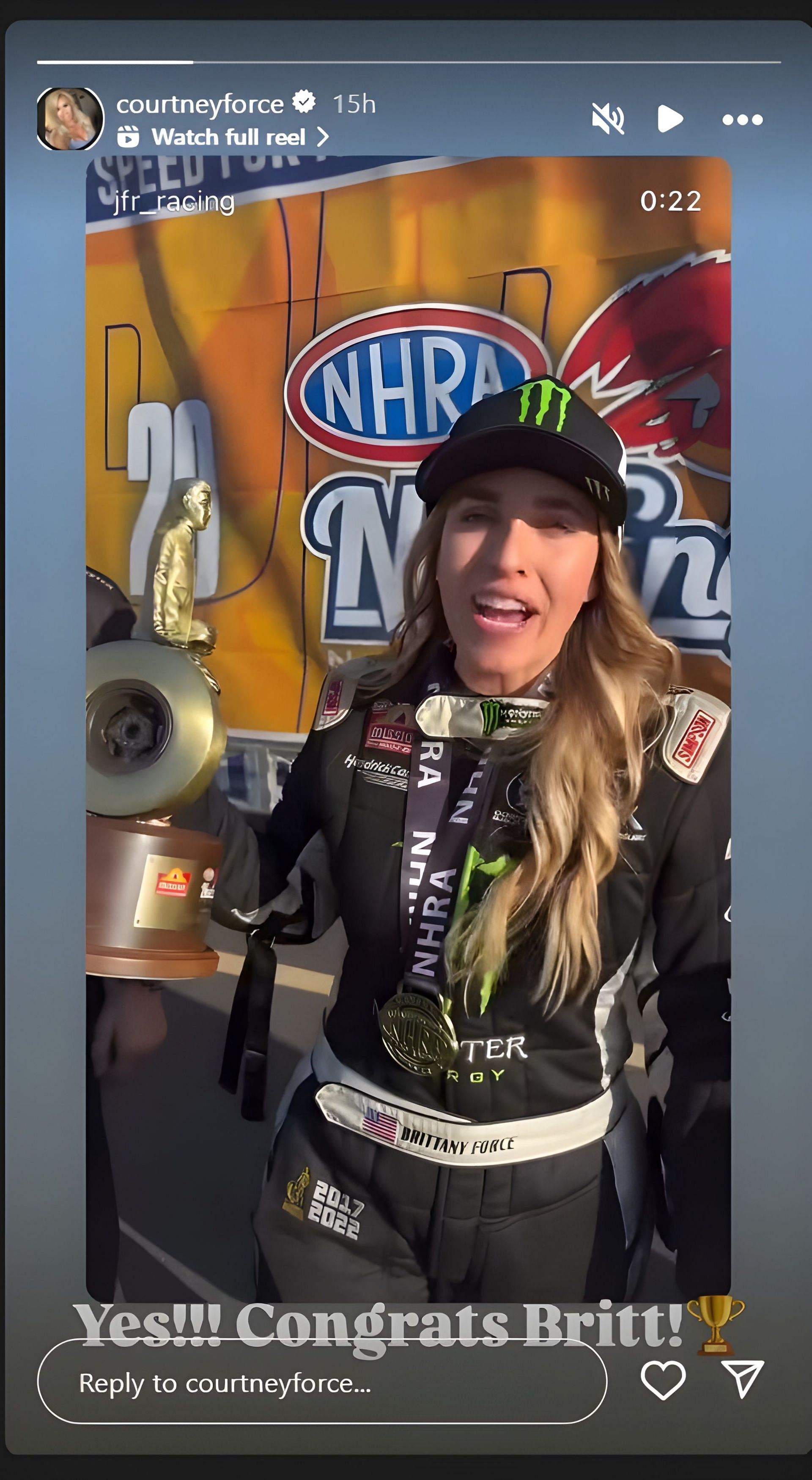 A snapshot of Courtney Force's Instagram story | Image via Instagram (@courtneyforce)